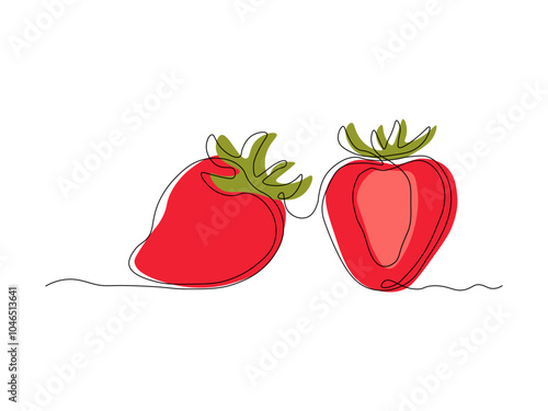 berry strawberry and slice, continuous single line art drawing sketch, logo