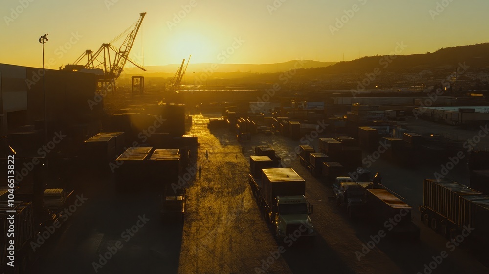 Serenity at Sunset in a Busy Cargo Port Serenity at Sunset in a Busy Cargo Port