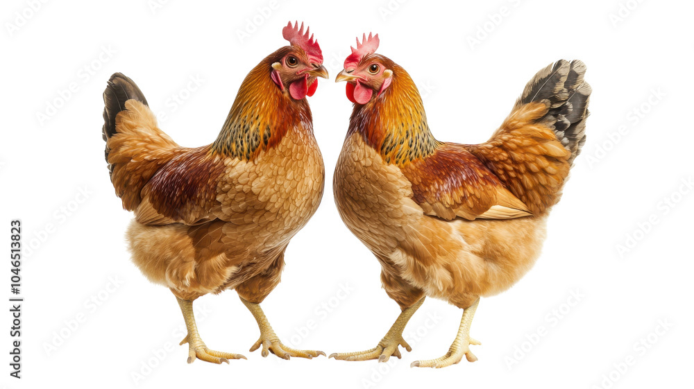 Fototapeta premium Two vibrant chickens with colorful plumage standing side by side in a bright and lively setting.