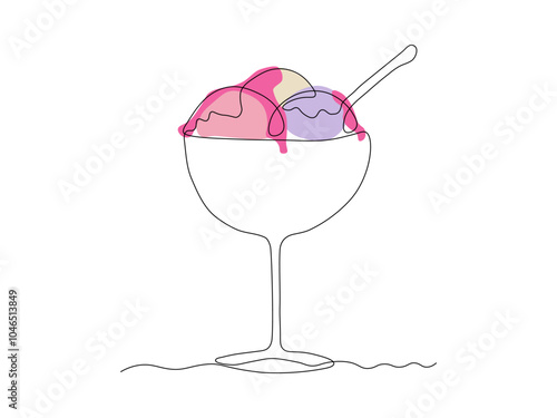 abstract three balls of ice cream in bowl with spoon,continuous single line art hand drawing sketch