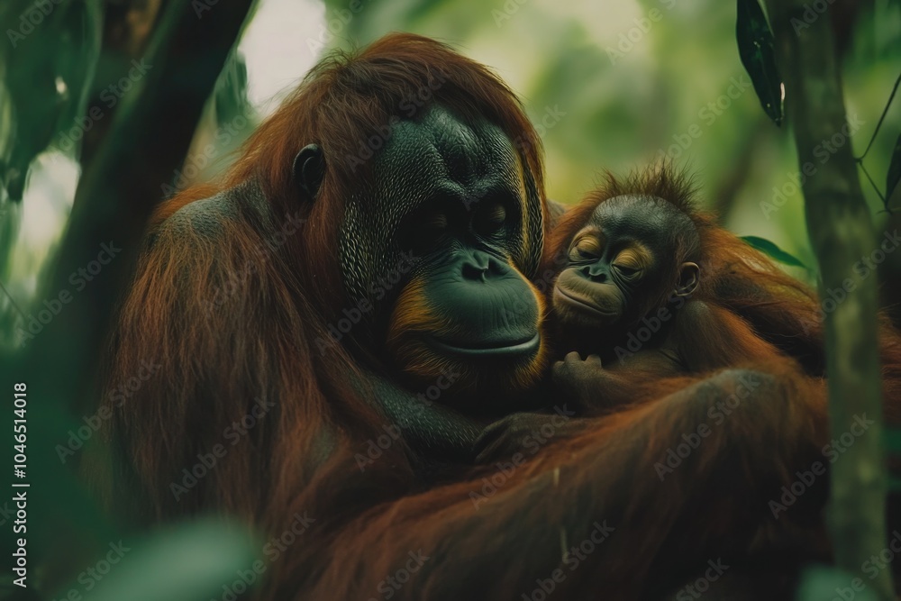 Obraz premium Orangutan mother with baby in jungle