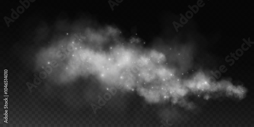 Fantastic smoke background. Magic smoke with glitter and small particles of twinkling stars, fog with glowing particles, gray vapor with stardust. Vector illustration.	