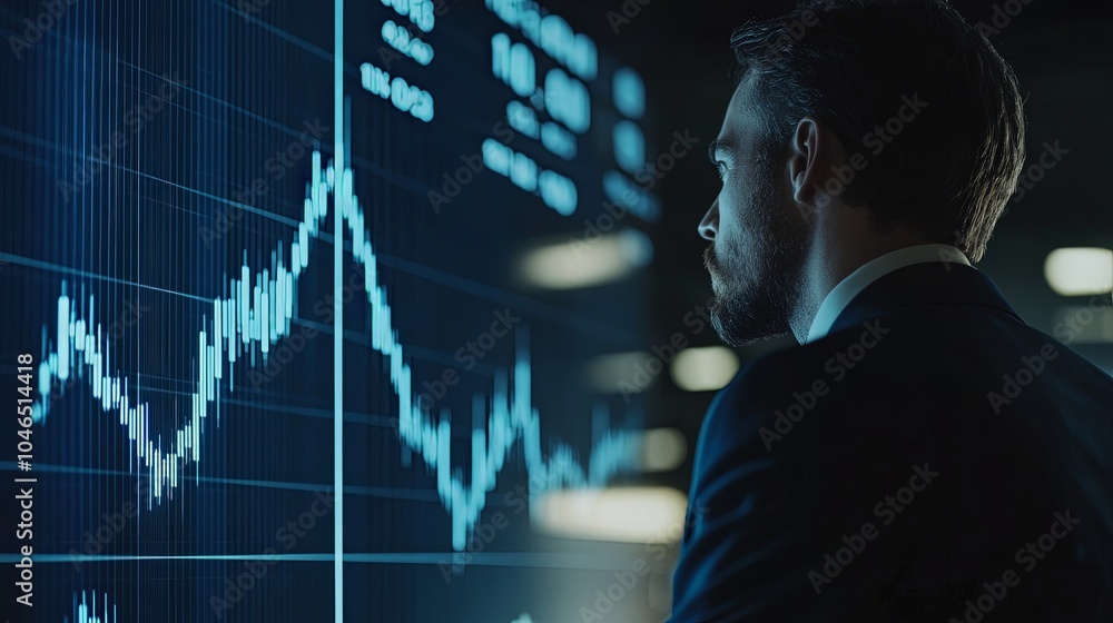 Businessman Analyzing Stock Market Data on Large Screen Businessman Analyzing Stock Market Data on Large Screen