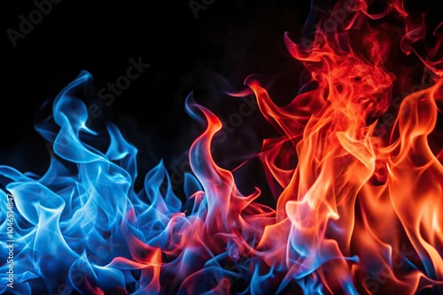 Macro image of blue and red flame mixture on black background
