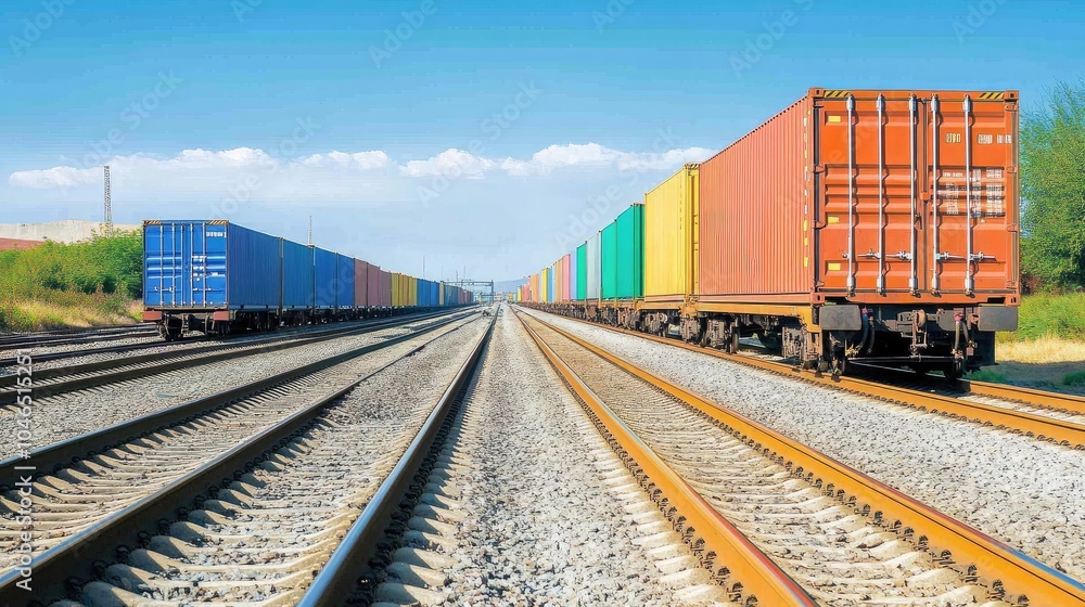 Obraz premium Colorful Cargo Containers on Train Tracks in Bright Daylight