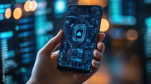 A hand holds a smartphone with a futuristic interface on the screen against a blurry background of a server room.