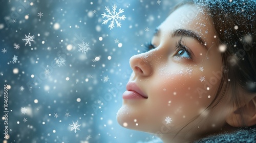 Close up profile of a young woman looking up at falling snowflakes, copy space