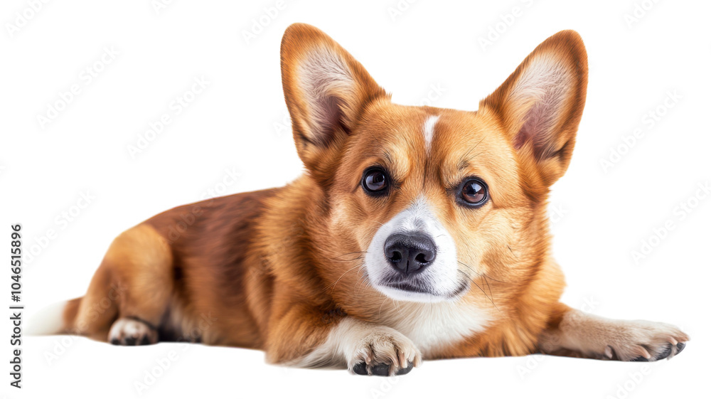 A friendly corgi resting comfortably on a white background, showcasing its expressive eyes and fluffy coat on a sunny afternoon. A friendly corgi resting comfortably on a white background, showcasing its expressive eyes and fluffy coat on a sunny afternoon.