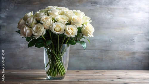 Large arrangements of long stemmed white roses in a glass vase, luxury flowers, bouquet, glass vases