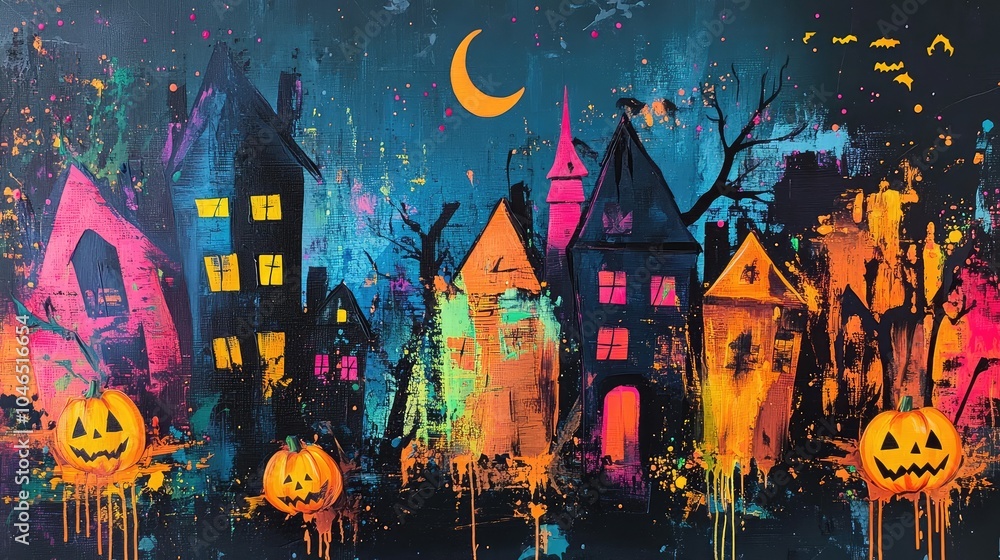 An abstract Halloween artwork with splashes of paint, neon highlights, and torn paper shaped like haunted houses and jack-lanterns An abstract Halloween artwork with splashes of paint, neon highlights, and torn paper shaped like haunted houses and jack-lanterns