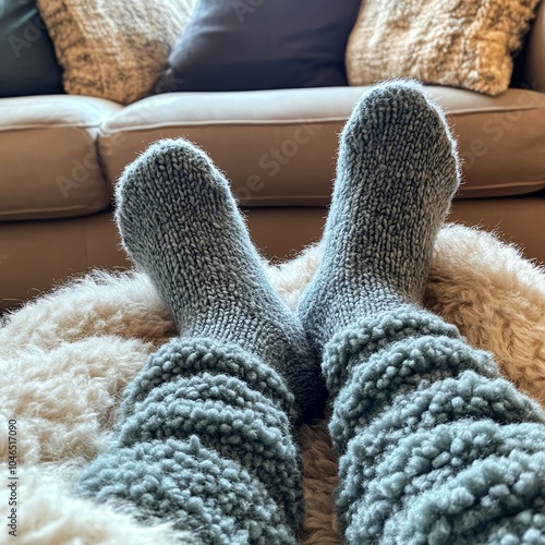 Close-up of fuzzy socks on feet, resting on a couch, cozy National Sock Day vibe photo