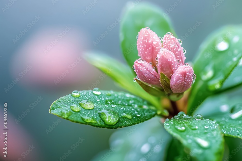 A close-up of pink flower buds surrounded by green leaves, glistening with droplets of water, capturing a moment of nature's beauty. A close-up of pink flower buds surrounded by green leaves, glistening with droplets of water, capturing a moment of nature's beauty.