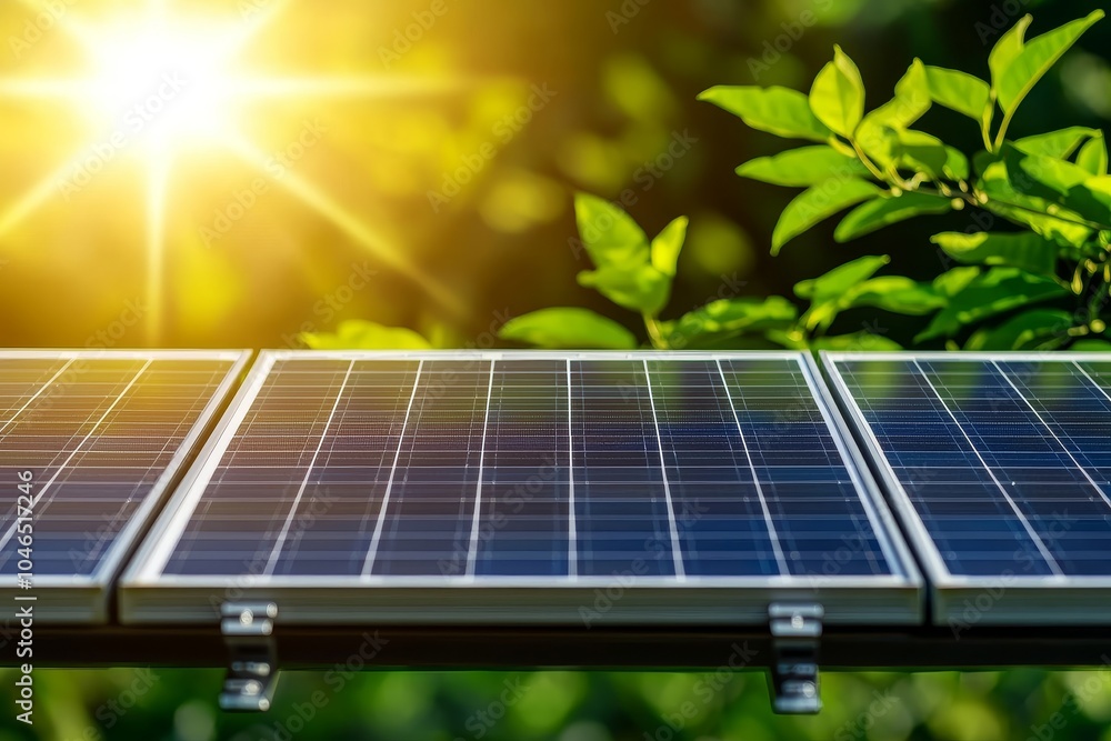 Fototapeta premium A close-up of solar panels, bathed in sunlight, with verdant leaves in the background, emphasizing renewable energy and nature's harmony.