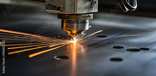 A laser-cut machine creating sparks of light, a close-up on the laser beam and the part being cut, a modern factory background with a copy space area for text. industrial and mechanical concept