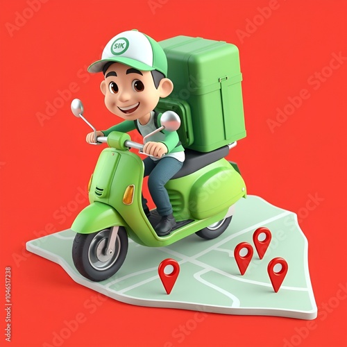 Create a vibrant 3D cartoon-style delivery man riding a bright green scooter