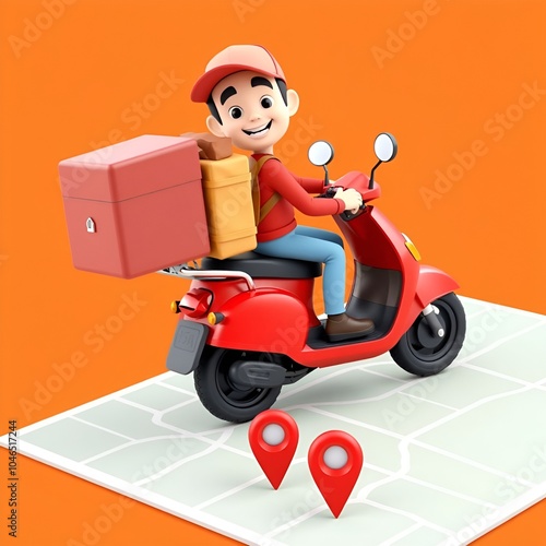 Create a vibrant 3D cartoon-style delivery man riding a bright green scooter
