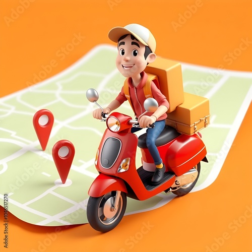 Create a vibrant 3D cartoon-style delivery man riding a bright green scooter
