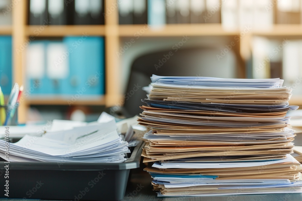 A cluttered desk is shown with a large stack of papers, organized files in the background, and office supplies, reflecting a busy work environment. A cluttered desk is shown with a large stack of papers, organized files in the background, and office supplies, reflecting a busy work environment.