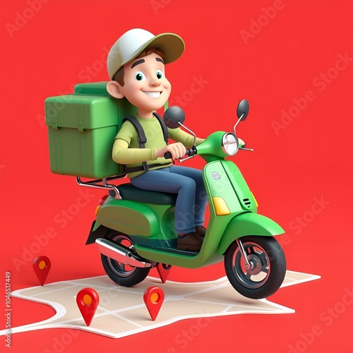Create a vibrant 3D cartoon-style delivery man riding a bright green scooter