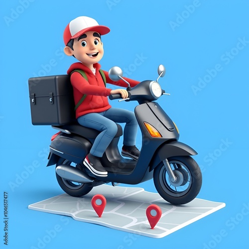 Create a vibrant 3D cartoon-style delivery man riding a bright green scooter