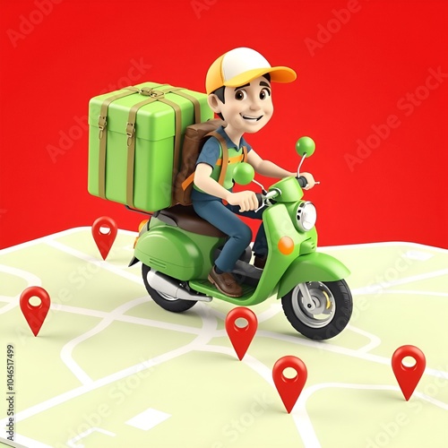 Create a vibrant 3D cartoon-style delivery man riding a bright green scooter