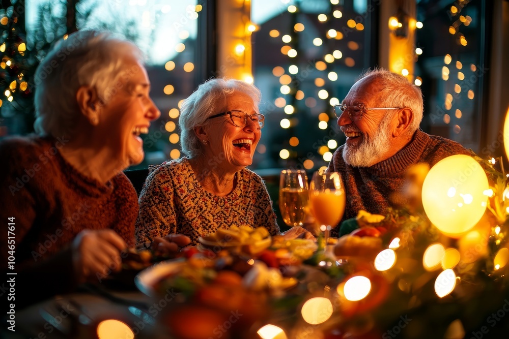A cozy gathering of three seniors enjoying a festive meal together, surrounded by twinkling lights and laughter. A cozy gathering of three seniors enjoying a festive meal together, surrounded by twinkling lights and laughter.