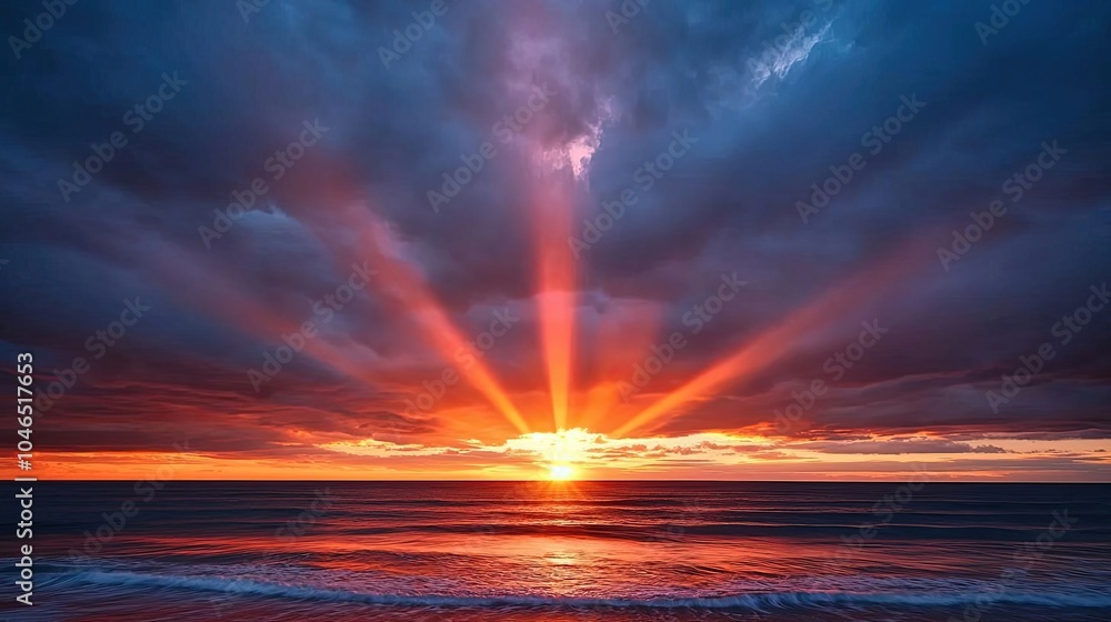 Vibrant sunset over the ocean, displaying colorful clouds and rays of light. Vibrant sunset over the ocean, displaying colorful clouds and rays of light.