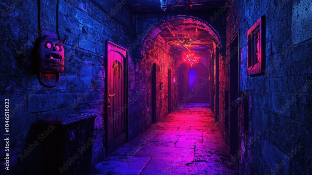 Fototapeta premium An interactive Halloween escape room with neon-lit puzzles, hidden doors, and creepy sound effects activated by player movements