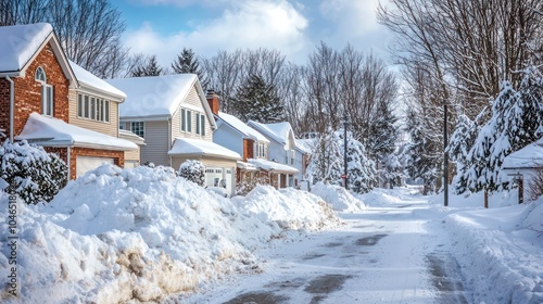 Suburban homes shrouded in snow after a severe snowstorm.