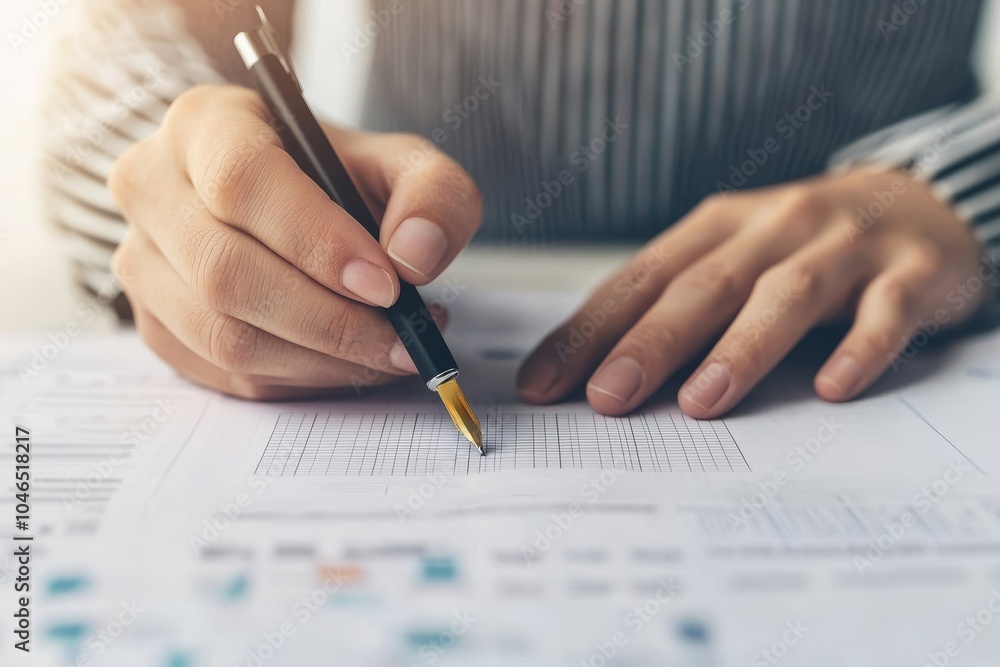 A hand writing on a document with a pen, surrounded by printed papers, reflecting focus and attention to detail in an office setting. A hand writing on a document with a pen, surrounded by printed papers, reflecting focus and attention to detail in an office setting.