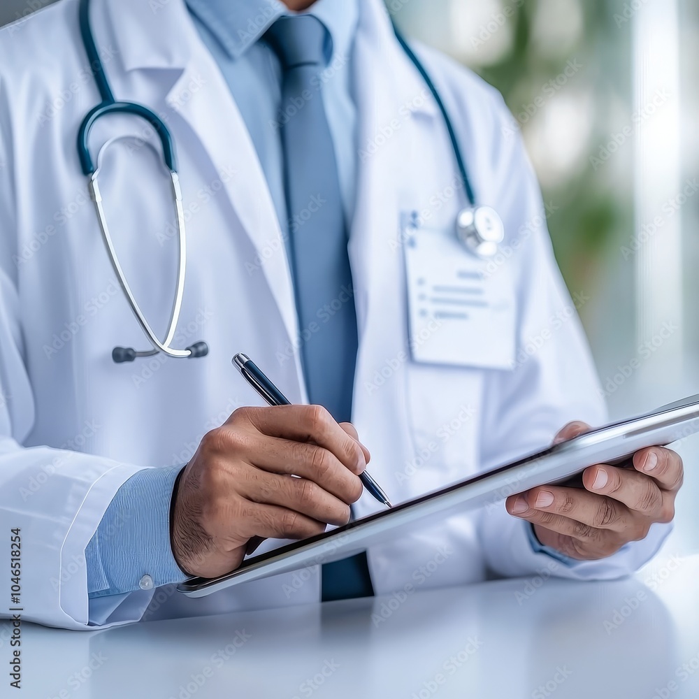 A healthcare professional in a white coat takes notes on a digital tablet, demonstrating a modern approach to patient care and documentation. A healthcare professional in a white coat takes notes on a digital tablet, demonstrating a modern approach to patient care and documentation.