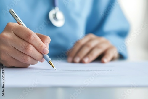 A healthcare professional in scrubs is writing on a document with a pen, indicating a clinical or administrative task. photo