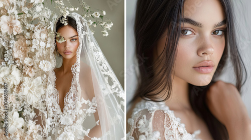 bride in intricate lace wedding dress with floral accents, surrounded by delicate flowers and soft veil, exuding elegance and beauty photo