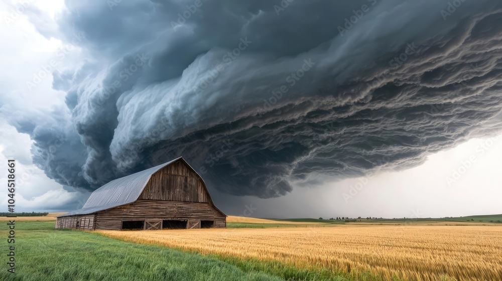 Dramatic storm clouds above a rustic barn in a golden wheat field. Dramatic storm clouds above a rustic barn in a golden wheat field.