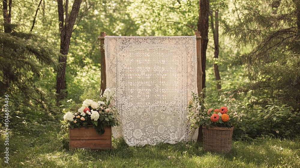 Naklejka premium beautiful vintage lace backdrop surrounded by vibrant flowers creates serene outdoor setting. This earthy scene is perfect for photography or special events