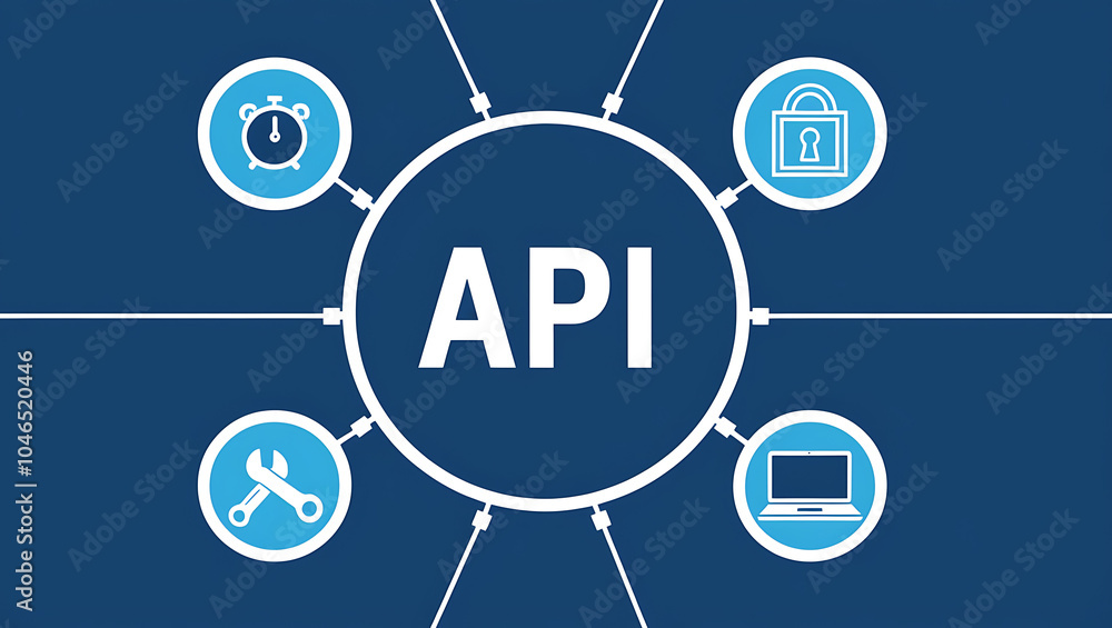 network diagram of 'API', API icons, Digital network, Blue background network diagram of 'API', API icons, Digital network, Blue background