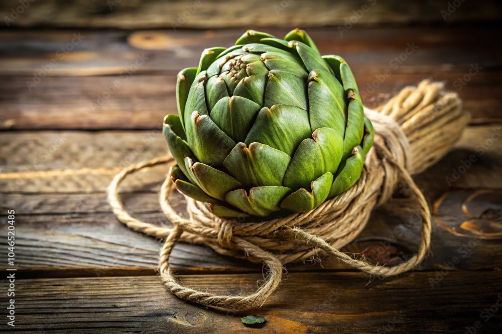 Obraz premium fresh green artichoke bundle rustic table