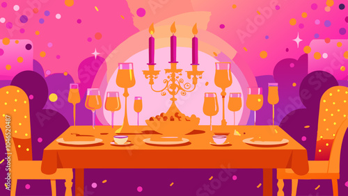 Charming festive table decor with candles and drinks for joyful celebration in vibrant colors