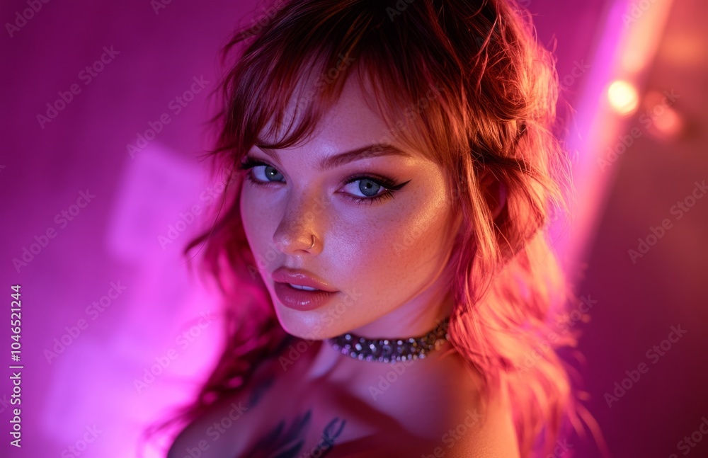 Beautiful woman with red hair in soft pink lighting Beautiful woman with red hair in soft pink lighting