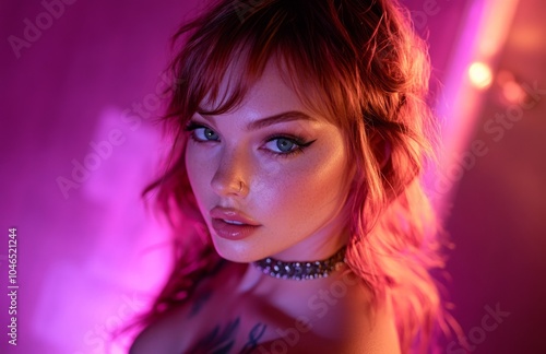 Beautiful woman with red hair in soft pink lighting