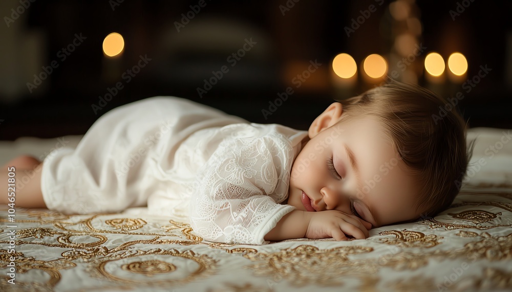 A peaceful sleeping baby lays on a soft blanket, surrounded by warm candlelight, creating a serene and cozy atmosphere. A peaceful sleeping baby lays on a soft blanket, surrounded by warm candlelight, creating a serene and cozy atmosphere.