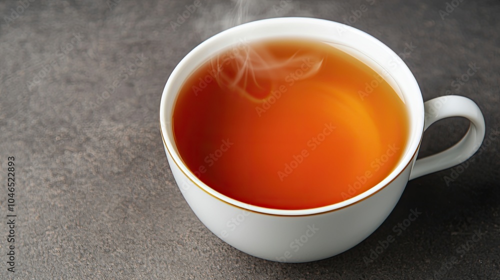 A steaming cup of brown tea on a grey surface, creating a cozy and inviting atmosphere. A steaming cup of brown tea on a grey surface, creating a cozy and inviting atmosphere.