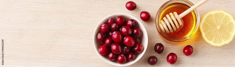 Fresh cranberries with honey and lemon on a light wooden surface, showcasing healthy ingredients for cooking and wellness, ideal for recipes and nutrition themes. Fresh cranberries with honey and lemon on a light wooden surface, showcasing healthy ingredients for cooking and wellness, ideal for recipes and nutrition themes.