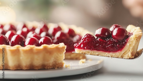 A delicious cherry pie with a golden crust, topped with shiny cherries and a glossy glaze. Perfect for dessert lovers and festive gatherings.