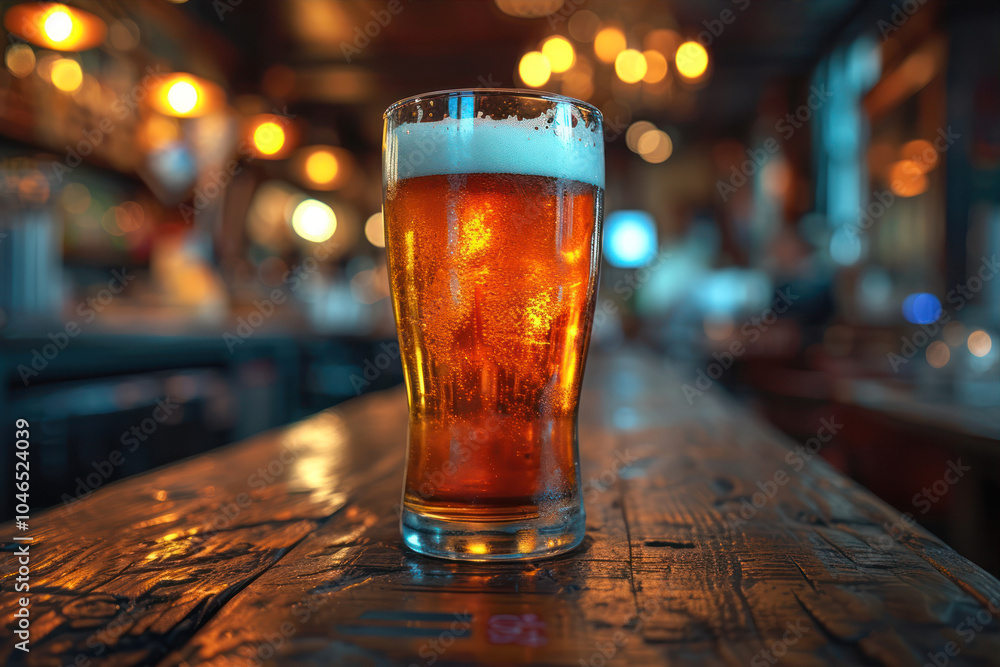 A vibrant pint of colorful IPA shines in a dimly lit bar, inviting a moment of relaxation A vibrant pint of colorful IPA shines in a dimly lit bar, inviting a moment of relaxation