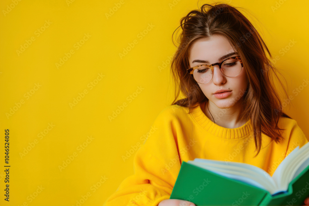 A cozy student immersed in learning against a vibrant yellow backdrop A cozy student immersed in learning against a vibrant yellow backdrop