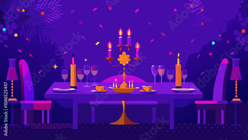 Contemporary Evening Table Setting with Golden Candelabra Sophistication Mystery Style featuring ambient lighting and modern furniture in rich purple tones