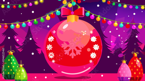 Vibrant Holiday Bauble Scene with Multicolored String Lights Joy Celebration Wonder featuring snowflake patterns and complementary ornaments on purple backdrop