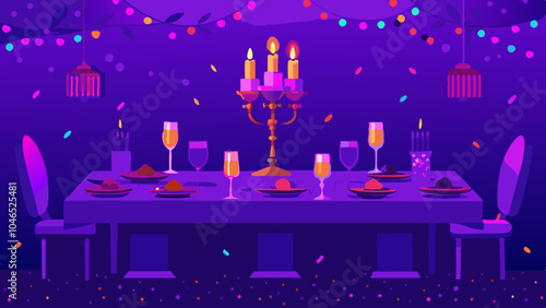 Contemporary dinner table arrangement with bronze candelabra Sophistication Mystery Celebration with string lights and purple atmospheric lighting design

