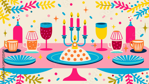 Whimsical Celebration Table Setting with Vintage-Inspired Candelabra Joy Festivity Charm featuring polka dot cake and retro dinnerware on pink surface